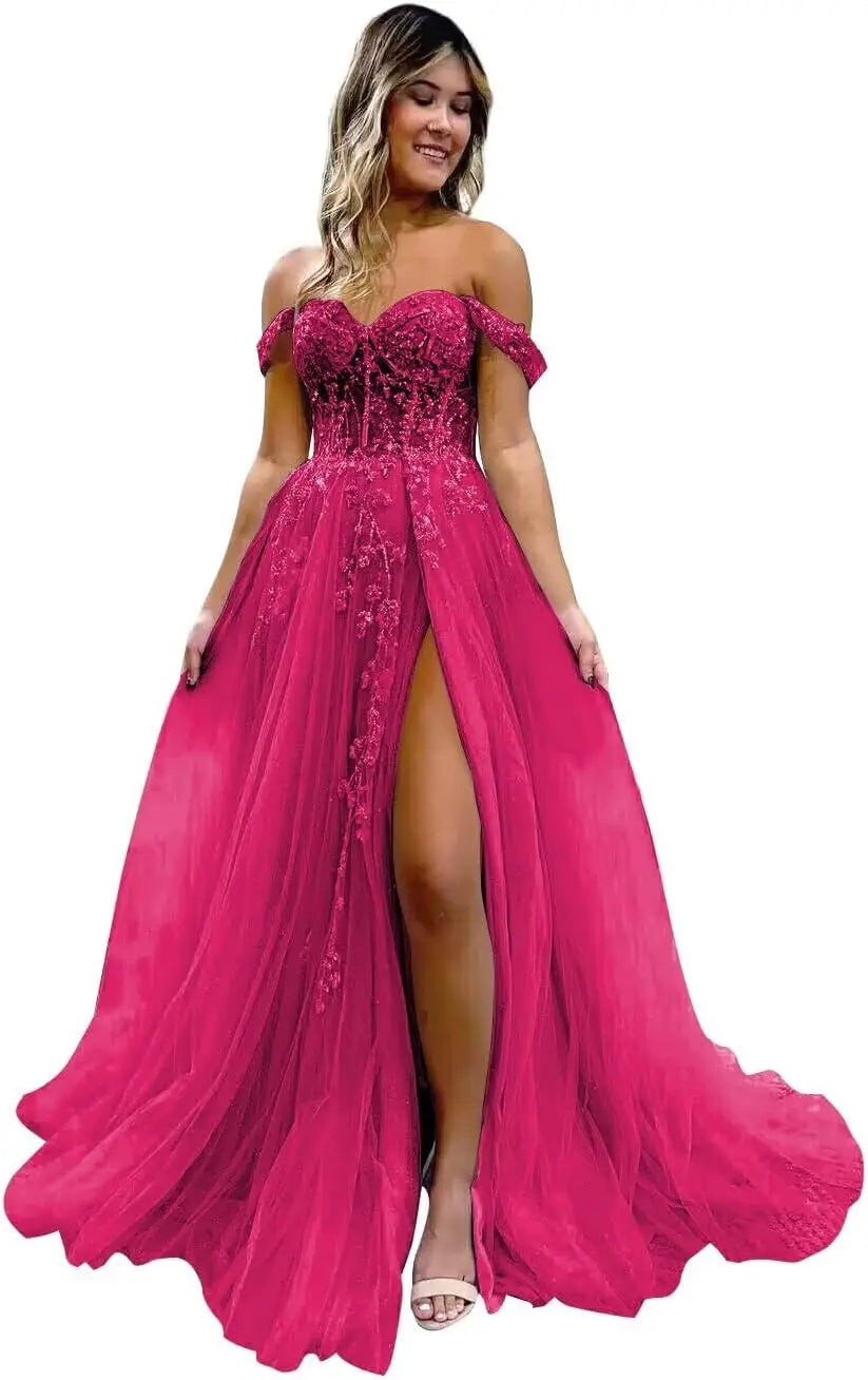 Vestido de fiesta de tul con hombros descubiertos, abertura, apliques de encaje brillante, corsé, vestido formal de fiesta de noche, vestidos de fiesta para mujer, noche 
