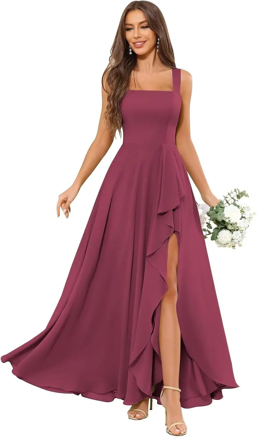 Chiffon Ruffle Bridesmaid Dresses for Women Square Neck Formal Evening Dress with Slit elegant dress women for wedding party