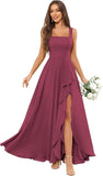 Chiffon Ruffle Bridesmaid Dresses for Women Square Neck Formal Evening Dress with Slit elegant dress women for wedding party