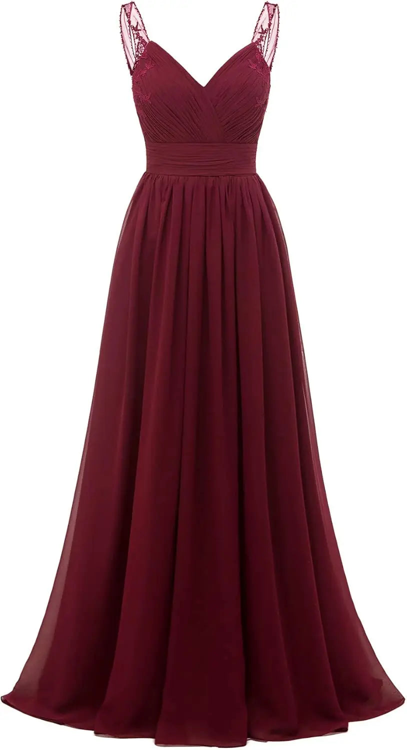 Chiffon-Spitze Brautjungfernkleider lang für Damen V-Ausschnitt Plissee Tüll Träger A-Linie Abschlussball Abend Hochzeit formelle Kleider 