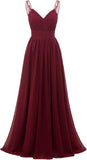 Chiffon-Spitze Brautjungfernkleider lang für Damen V-Ausschnitt Plissee Tüll Träger A-Linie Abschlussball Abend Hochzeit formelle Kleider 