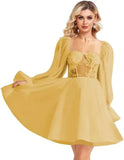 Langärmliges Tüll-Heimkehrkleid, kurzes Brautkleid, herzförmiger Ausschnitt, Spitzenapplikation, Ballkleider für Teenager, Cocktailkleid 