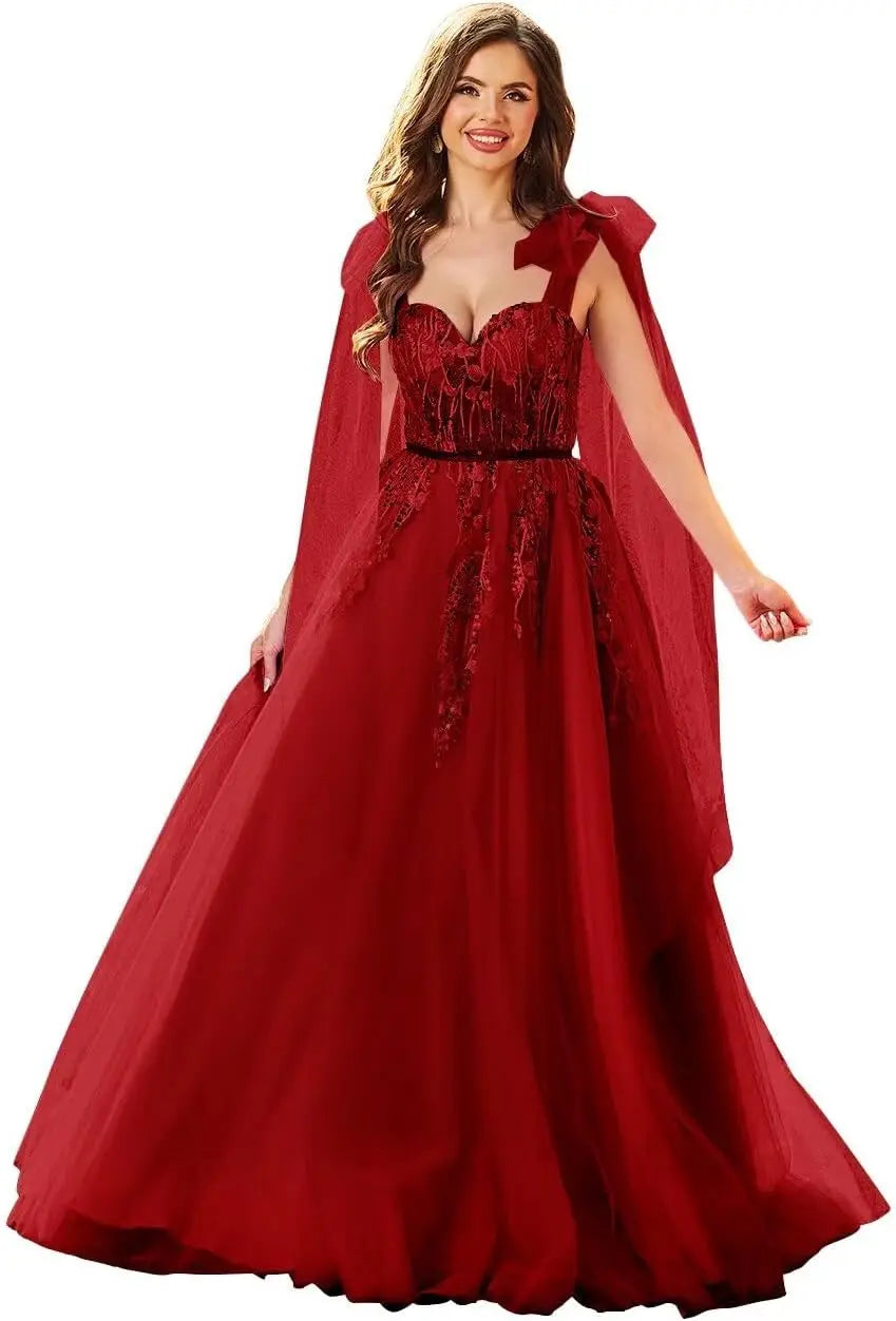 Vestidos de fiesta de tul con apliques de encaje para mujer, tirantes finos ajustables, vestidos de gala largos de corte A, vestidos de noche, vestidos de fiesta 