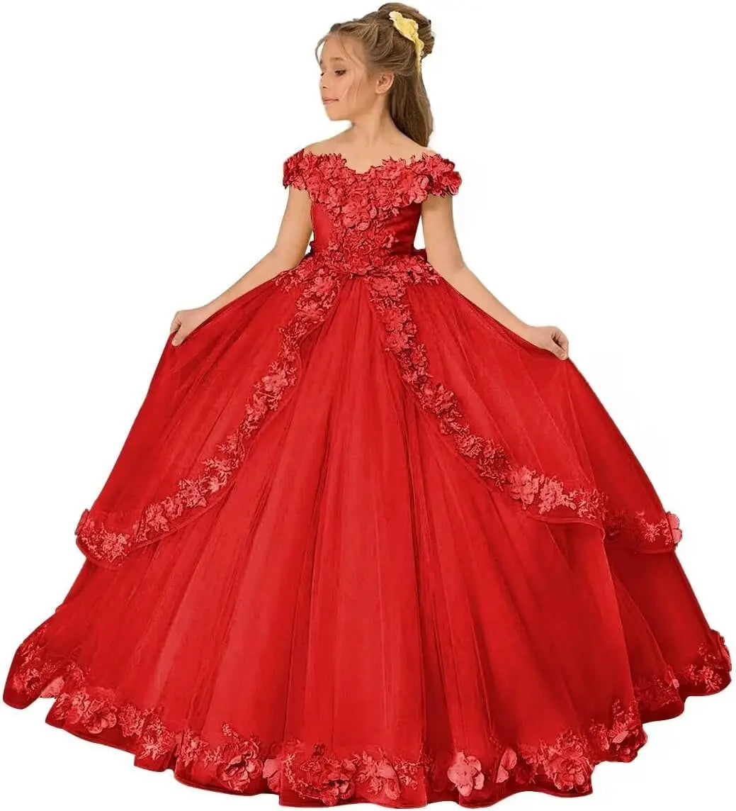 Vestido de tul para niña de las flores, para boda, con hombros descubiertos, para desfile, con flores 3D, estilo princesa, para fiesta 