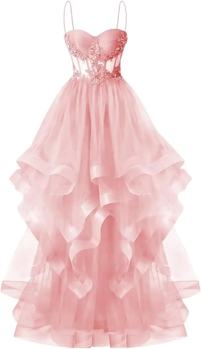 Custom Made Tulle Prom Dresses for Women 2025 Spaghetti Straps Ball Gowns Lace Applique Layered Quinceanera Dresses ball gown
