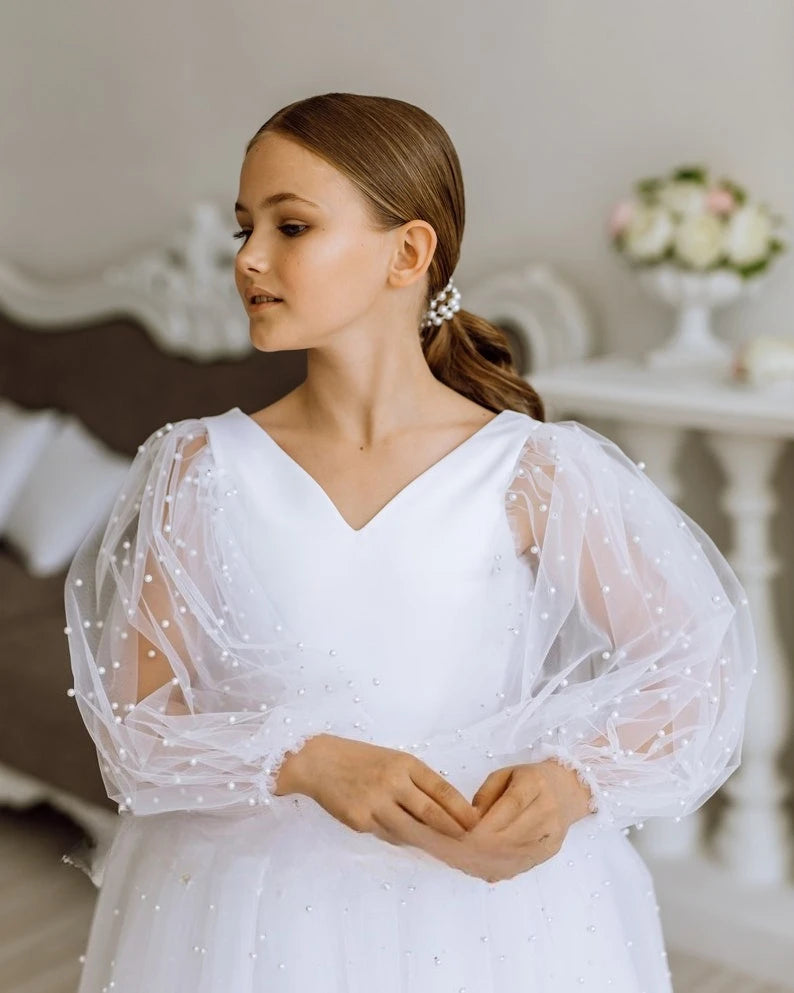 Tüll Schleife Perle Blumenmädchen Kleider Tutu Tüll Satin Junior Brautjungfer Baby Festzug Kleid für Mädchen Ballkleid Party und Hochzeit 