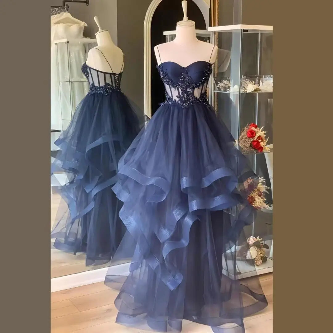 Custom Made Tulle Prom Dresses for Women 2025 Spaghetti Straps Ball Gowns Lace Applique Layered Quinceanera Dresses ball gown