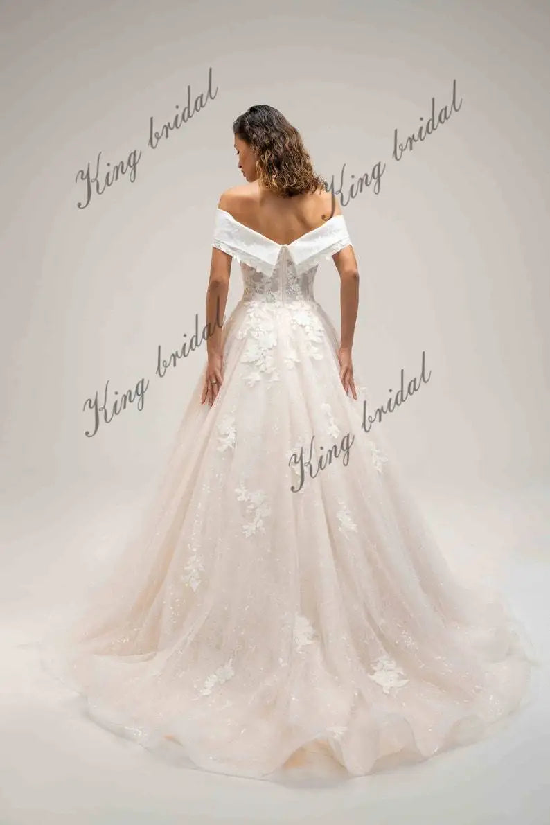 Blumenspitze Kleid Glitter Chantilly Tüll Brautkleider Off-Shoulder Korsett einfache Brautkleid benutzerdefinierte Brautkleid 