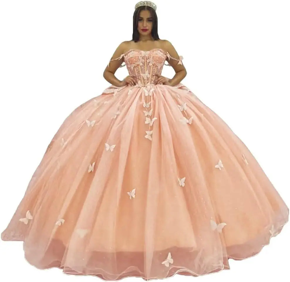 3D Butterfly Quinceanera Dress with Bow Train Spaghetti Strap Sweet 15 16 Ball Gowns Sparkly Vestido De 15 Años