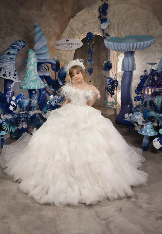 Vestido de desfile para boda, con plumas, volantes, largo hasta el suelo, para fiesta de cumpleaños, primera comunión, blanco, para niña de las flores 