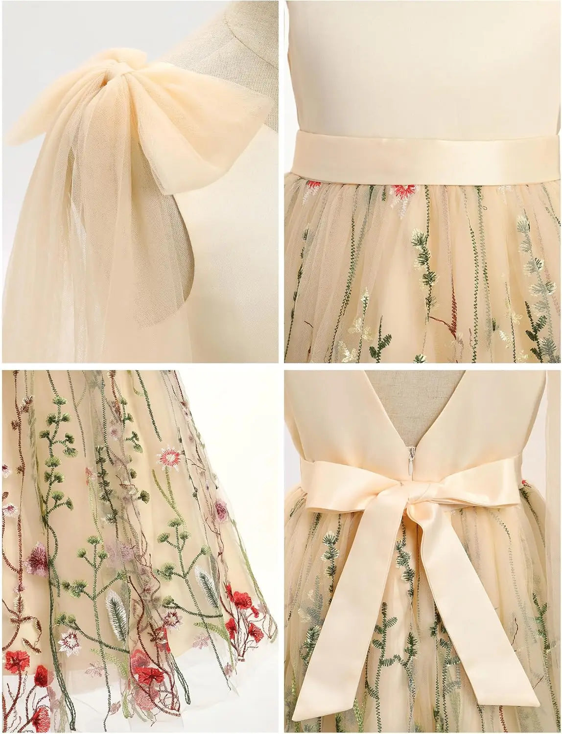 Flower Girl Maxi Dress Wedding Formal Bridesmaid Floral Embroidered Tulle Skirt Princess Pageant First Communion Gown