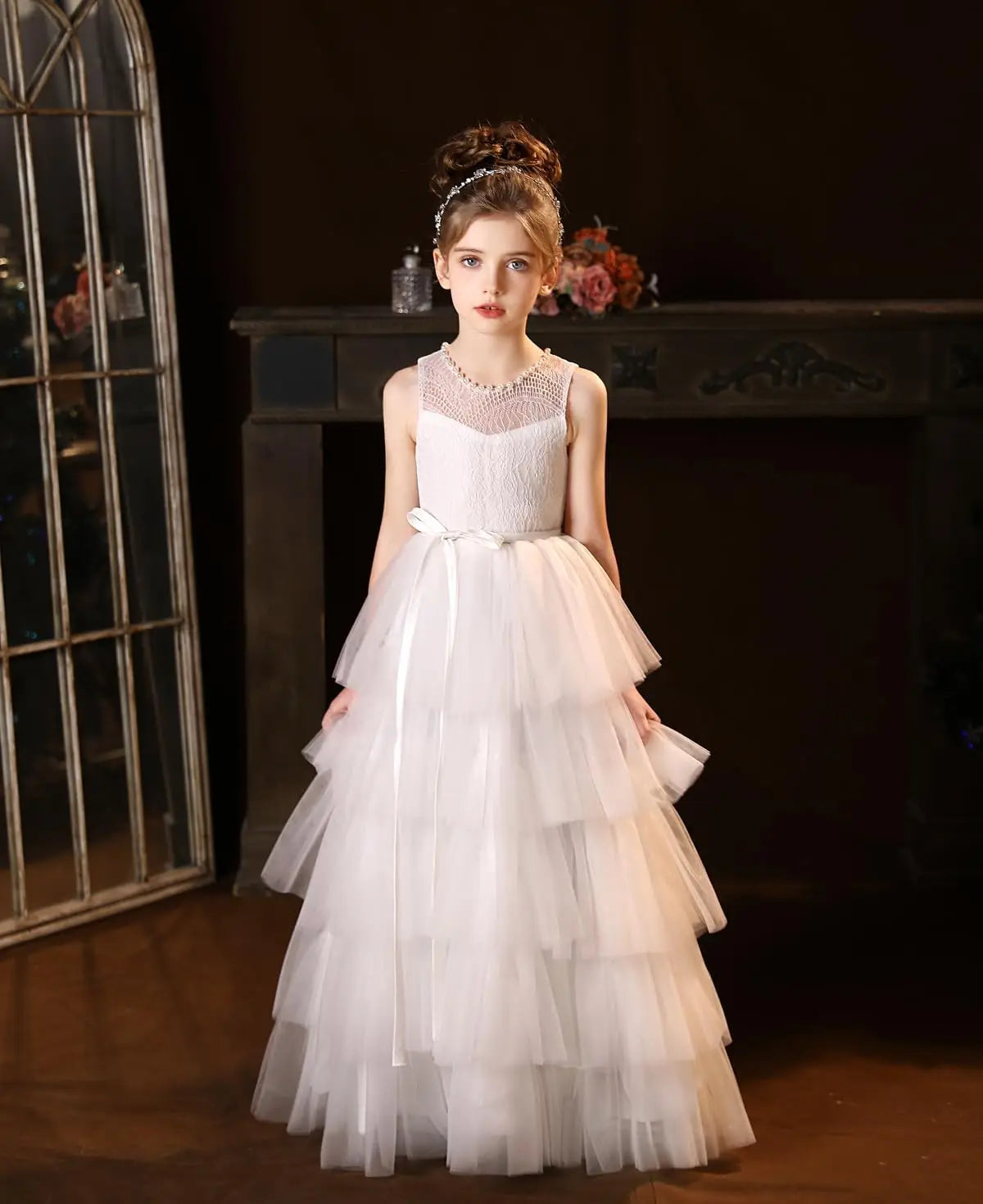 Vestidos de tul para niña de las flores para boda, vestido de encaje de primera comunión, vestidos de fiesta de desfile en capas para niñas 