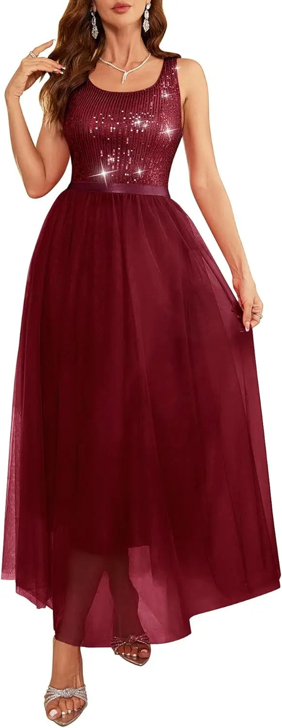 Sequin Dress for Woman Vintage A Line Wedding Formal Swing Mesh Prom Dress Sleeveless Cocktail Maxi Gowns