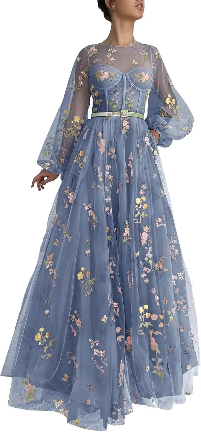 Women's Puffy Sleeve Tulle Prom Dresses Flower Embroidery Long Formal Evening Party Gowns with Pockets