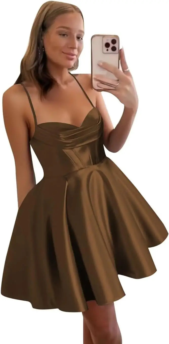 Spaghetti Straps Satin Homecoming Dresses for Women Short Halter Formal Prom Dresses with Pockets Graduation Mini Dress