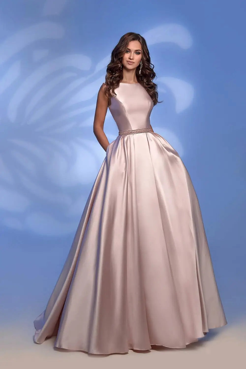 Damen A-Linie Satin Ballkleid Langes Ballkleid Gerafftes Perlenbesetztes Abendkleid Formales Partykleid mit Taschen 