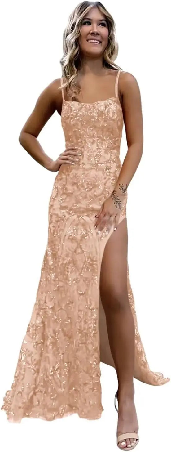 Vestidos de fiesta de sirena con lentejuelas brillantes para mujer, tirantes finos, vestido largo formal de noche con abertura, vestido de fiesta de boda 