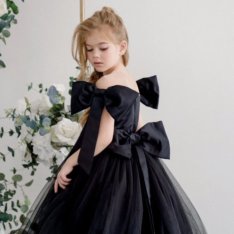 Vestidos de tul negro con lazo y cola, de manga corta, para bodas, fiestas de cumpleaños, banquetes, princesas, niñas de las flores. 