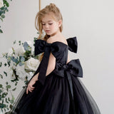 Vestidos de tul negro con lazo y cola, de manga corta, para bodas, fiestas de cumpleaños, banquetes, princesas, niñas de las flores. 