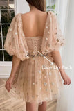 Vestidos de fiesta cortos de tul con estrellas brillantes, hechos a medida, para adolescentes, minivestido de fiesta con estrellas brillantes y mangas abullonadas, vestido formal para club. 