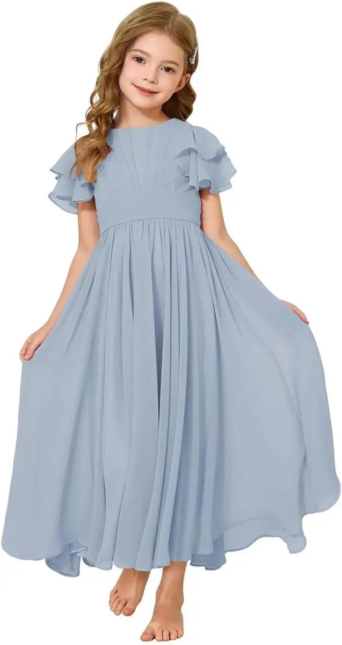 Flower Girl Maxi Dress for Wedding Bridesmaids Flowy Chiffon Teens Ruffle Sleeve Formal Party Pageant Gown princess dress