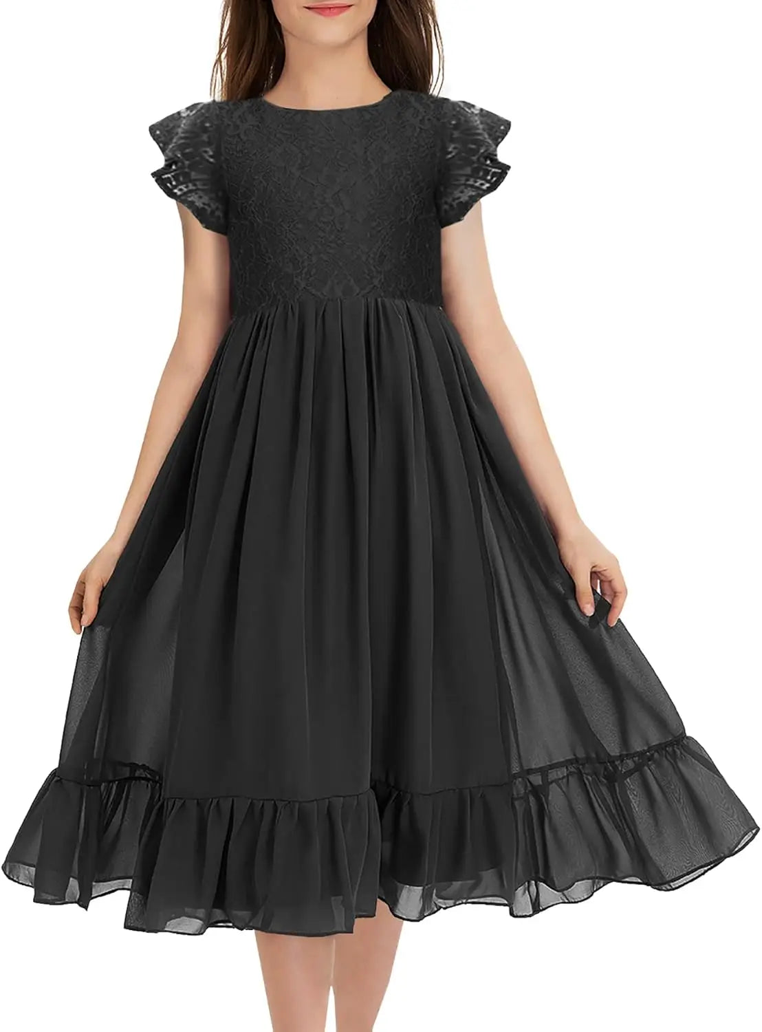 Girls Elegant Lace Flower Crew Neck Ruffle Chiffon A-Line Flowy Birthday Party Midi Dress ball gown  princess dress