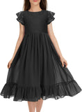 Girls Elegant Lace Flower Crew Neck Ruffle Chiffon A-Line Flowy Birthday Party Midi Dress ball gown  princess dress