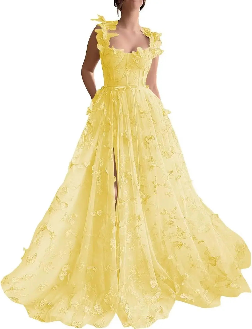 Women's 3D Butterfly Prom Dresses Tulle Ball Gown Fairy Corset Long Slit Lace Applique Formal Evening Dress party dresses