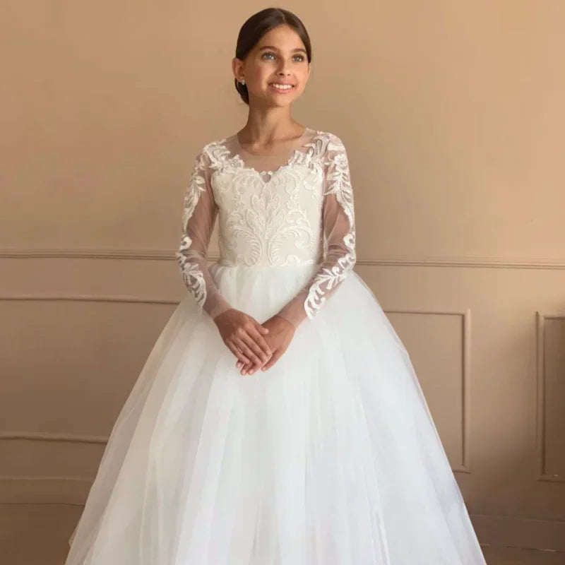 With Bow Long Sleeve For Wedding Birthday Party Banquet Holy Communion Gown Flower Girl Dresses White Tulle Flory Appliques