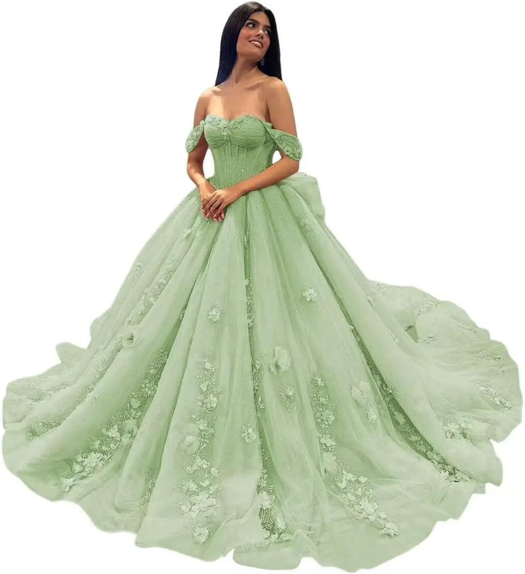 3D Floral Quinceanera Dresses Lace Beaded Party Gowns Off Shoudler Tulle Ball Gown for Sweet 15 16 Dresses