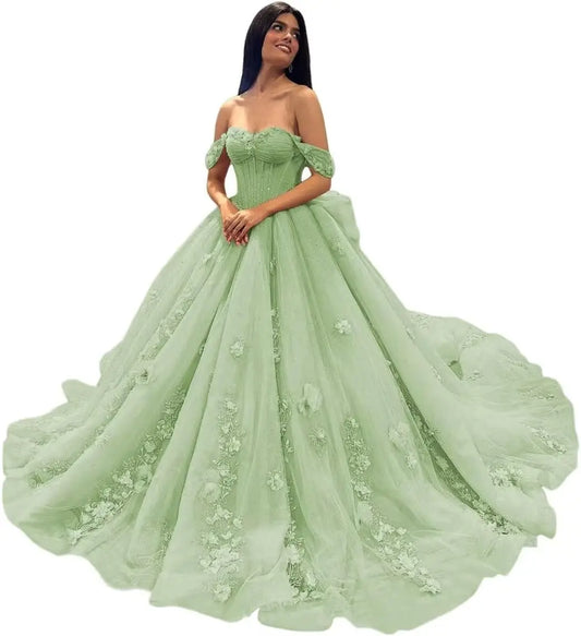 3D Floral Quinceanera Dresses Lace Beaded Party Gowns Off Shoudler Tulle Ball Gown for Sweet 15 16 Dresses