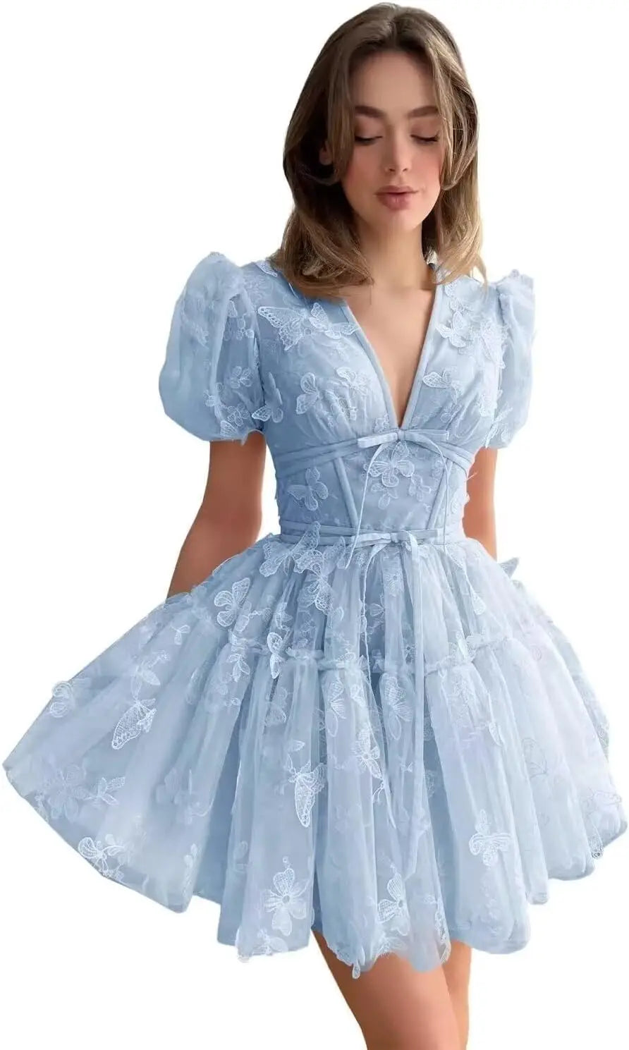 3D Butterfly Tulle Homecoming Dresses for Teens A-Line Short Sleeve Prom Cocktail Dress with Butterfly Appliques