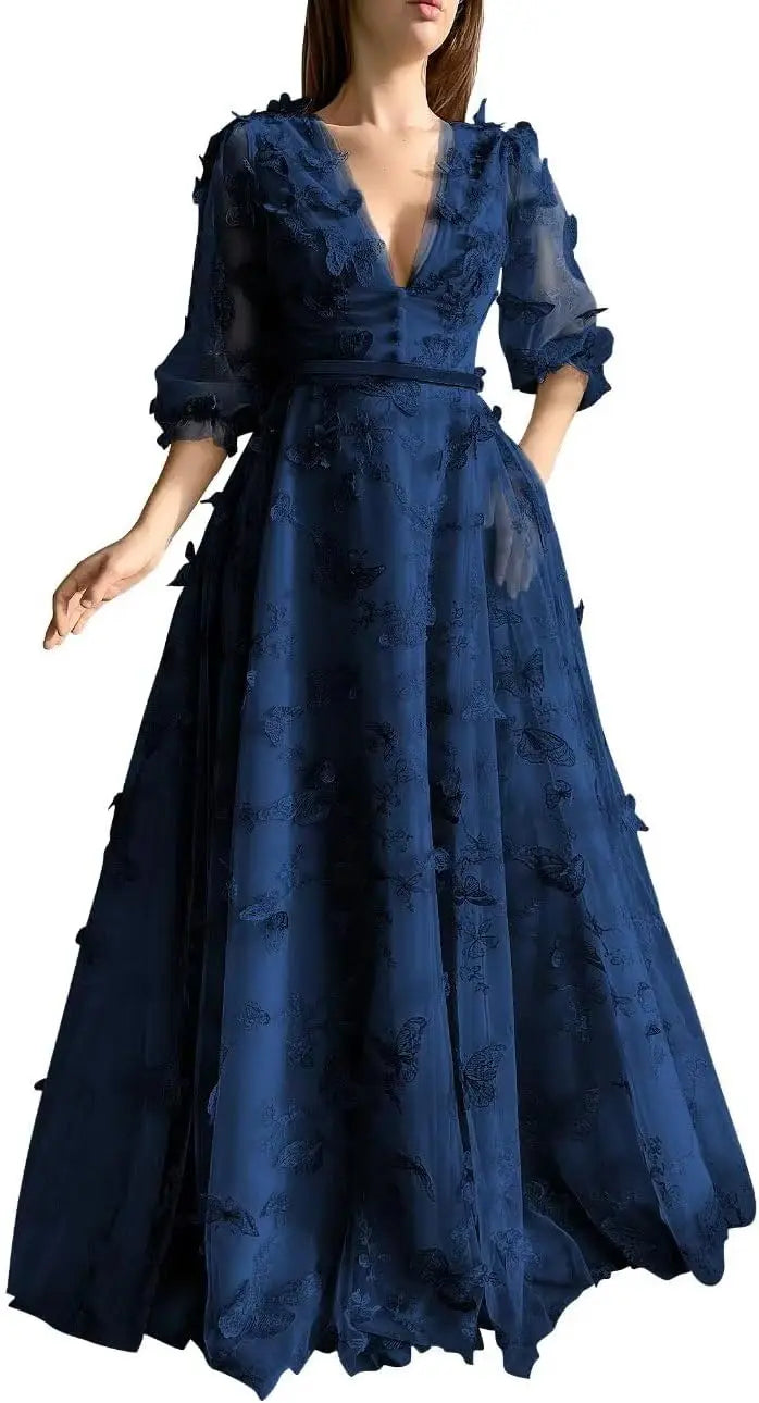 Damen Ballkleid mit Puffärmeln, 3D-Schmetterling, langer V-Ausschnitt, Tüll, Ballkleid, formelles Abendkleid 