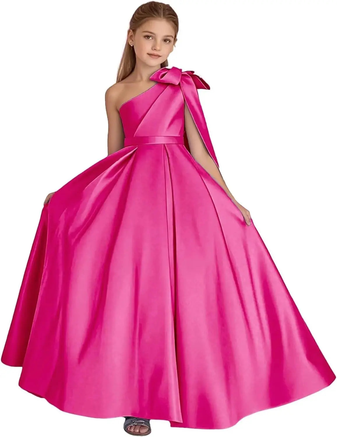 One-Shoulder-Satin-Blumenmädchenkleider, lange Festzugskleider für Mädchen, Ballkleid mit Schleife, Prinzessinnenkleid, Partykleider
