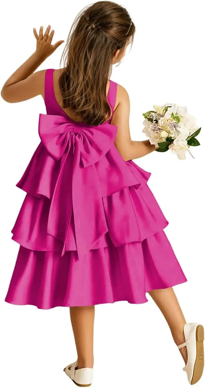 Girls Crewneck Layers Flower Girl Satin Pageant Dress with Bow Knot Backless Birthday Party Formal Dress princess dress