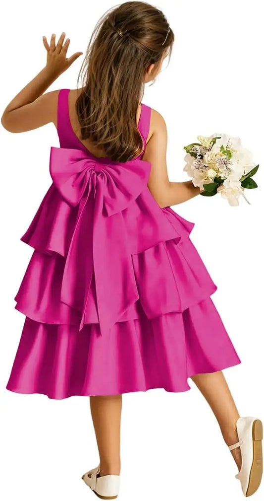 Vestido de satén con cuello redondo y capas para niña de las flores, con lazo, sin espalda, para fiesta de cumpleaños, vestido formal de princesa 