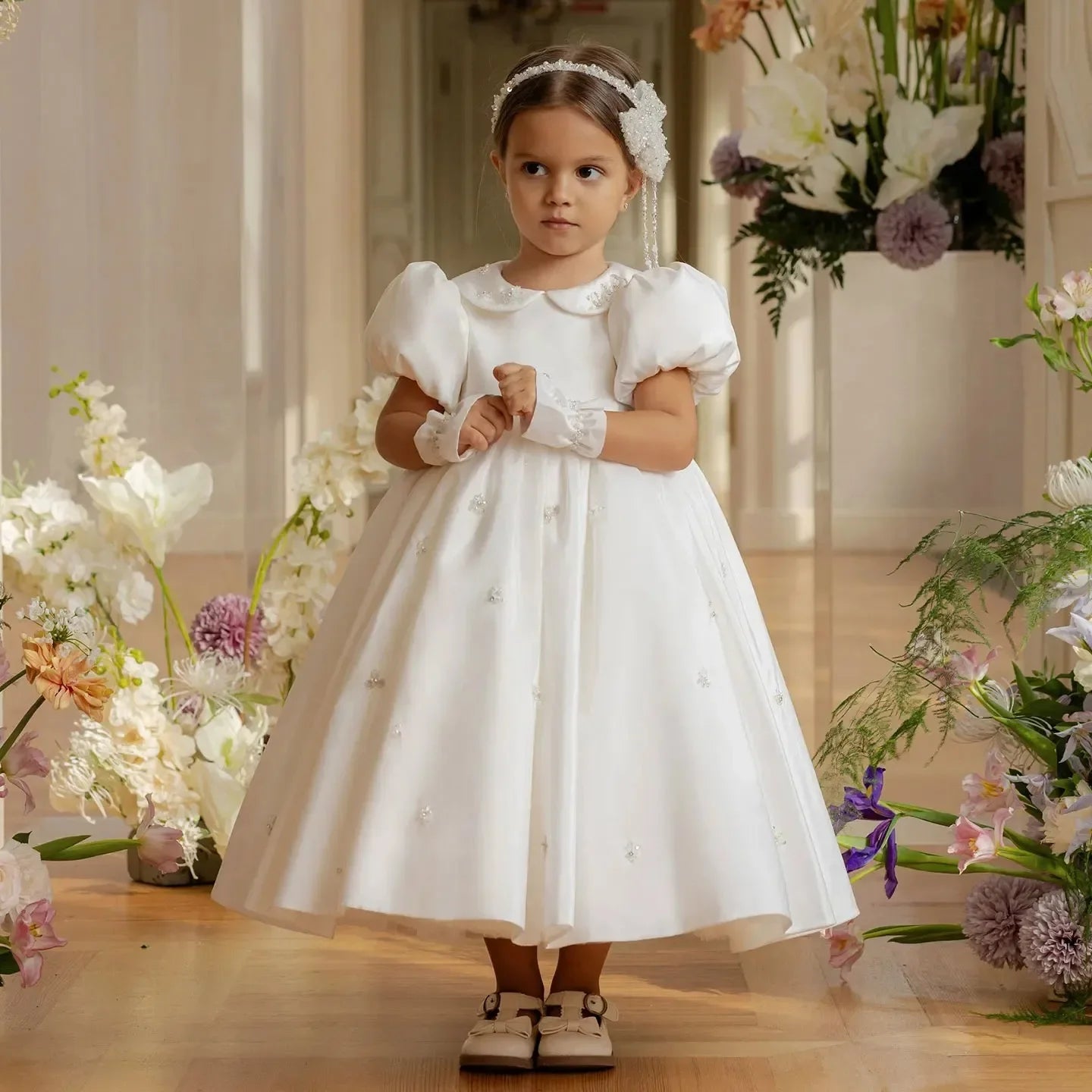 Vestido de desfile para boda, de satén con cuentas, largo hasta los tobillos, estilo princesa, para fiesta de cumpleaños, primera comunión, blanco, para niña de las flores 
