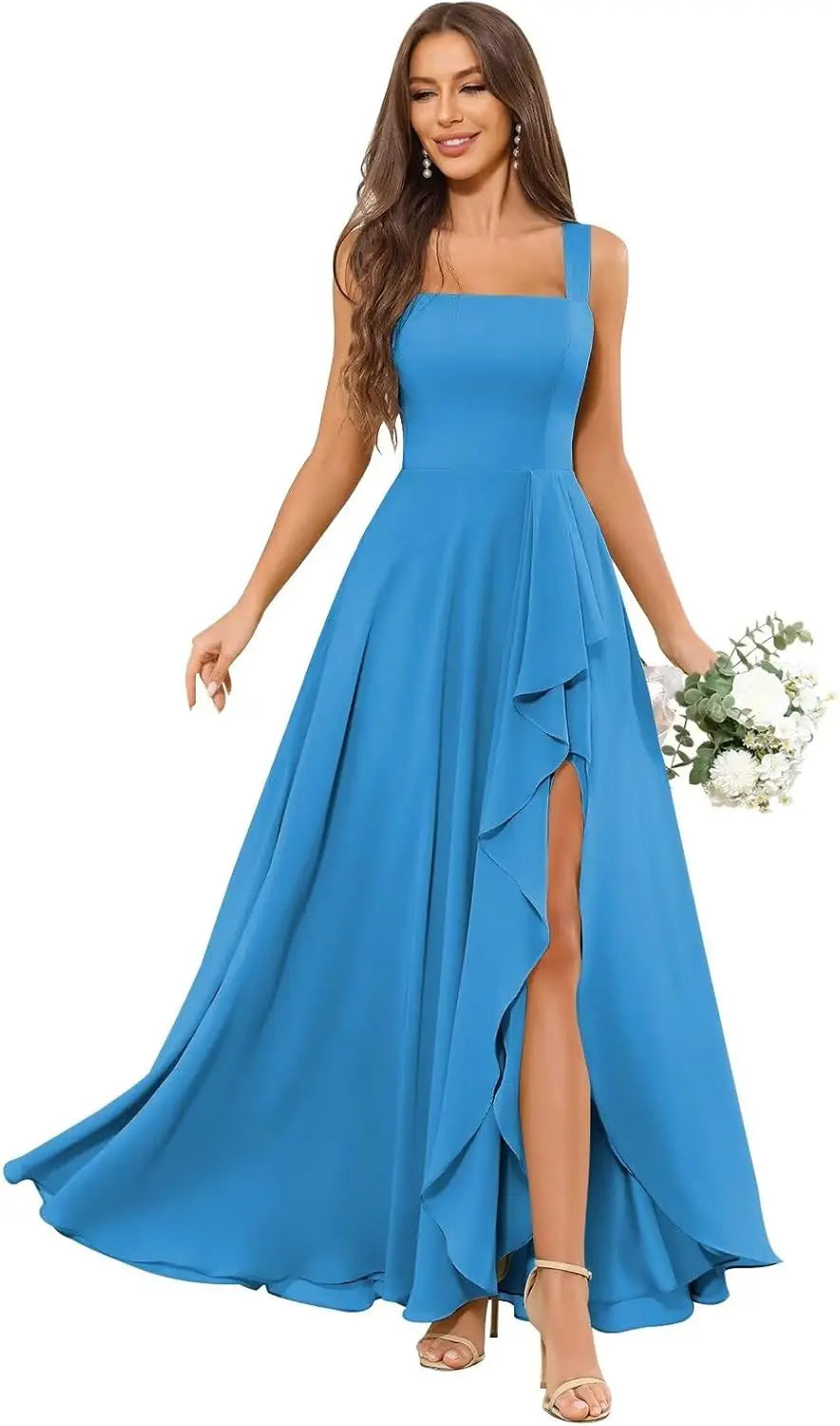 Chiffon Ruffle Bridesmaid Dresses for Women Square Neck Formal Evening Dress with Slit elegant dress women for wedding party