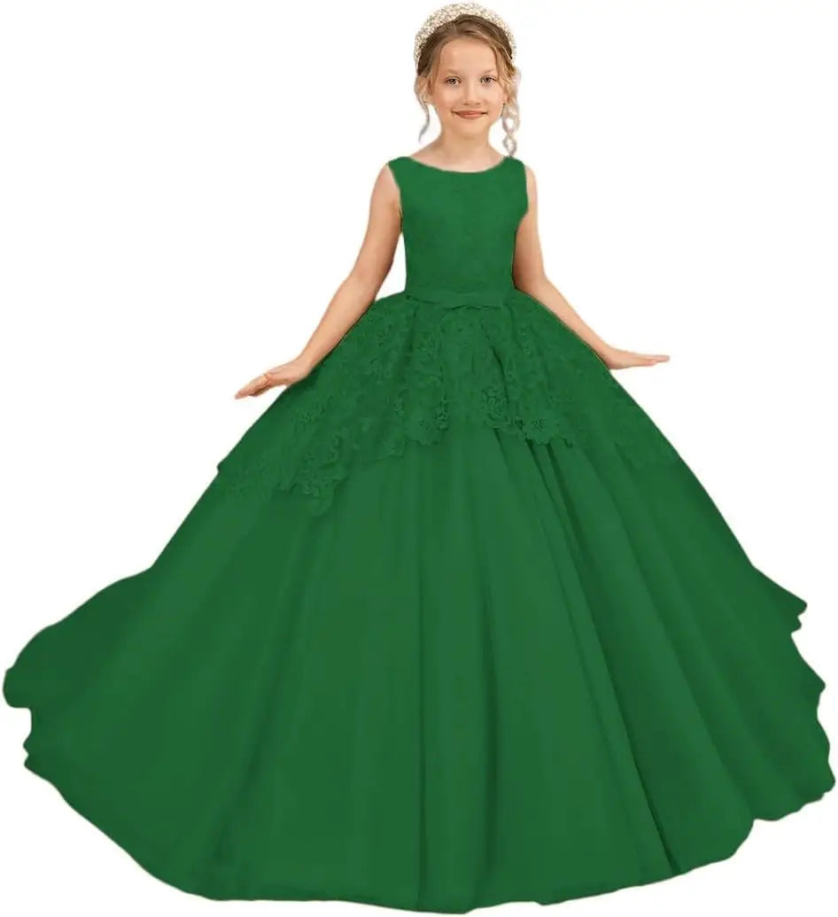 Tüll-Blumenmädchenkleid für Hochzeit, Spitzenapplikationen, bestickt, Prinzessin, Kinderfestzug, Geburtstagsparty, Festzugskleider für Mädchen 