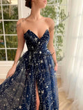 Custom Made Women's Sparkle Starry Tulle Prom Dresses Strapless Slit Formal Evening Wedding Party Gowns Long Sweetheart Dress