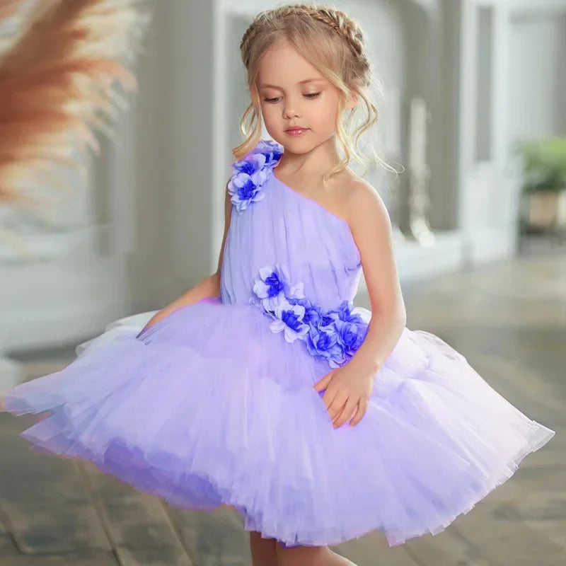 Vestidos de tul rosa con flores 3D, de un solo hombro, para bodas, fiestas de cumpleaños, banquetes, vestidos de princesa, vestidos de niña de las flores 