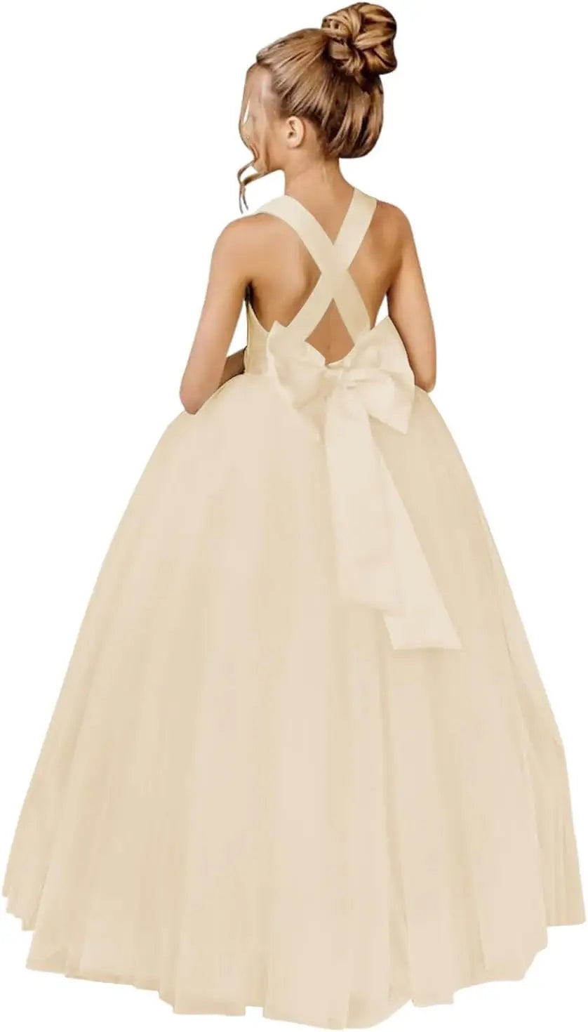 Crossed Straps Flower Girl Dress Satin Long Prom Dress with Bow Puffy Tulle Pageant Dresses for Girls princess dress