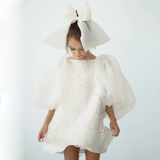 Vestidos de niña de las flores personalizados con bordado floral blanco y lazo de manga corta para bodas, cumpleaños, banquetes, primera comunión. 