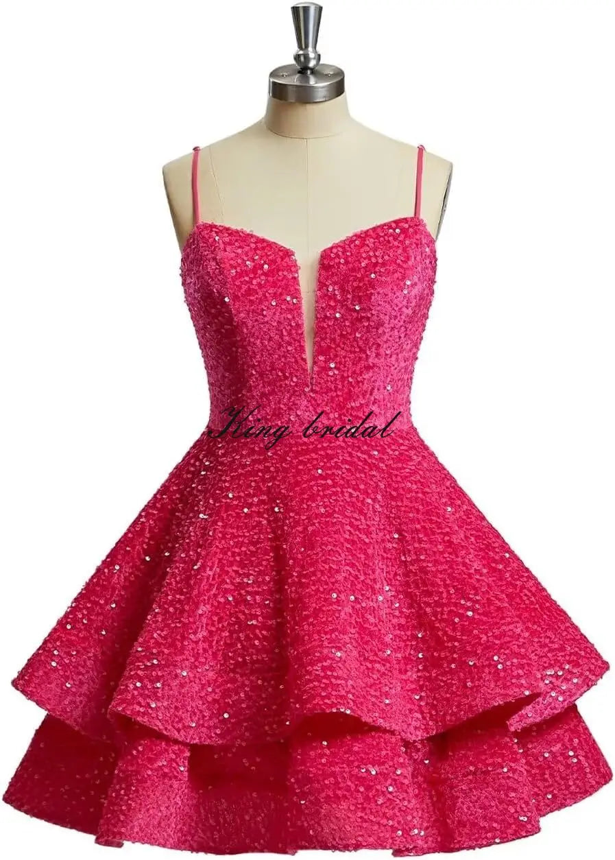 Vestidos de fiesta cortos con lentejuelas brillantes para adolescentes, de Pretty Girls Club, 2025, con tirantes finos, minivestido de cóctel formal con capas 