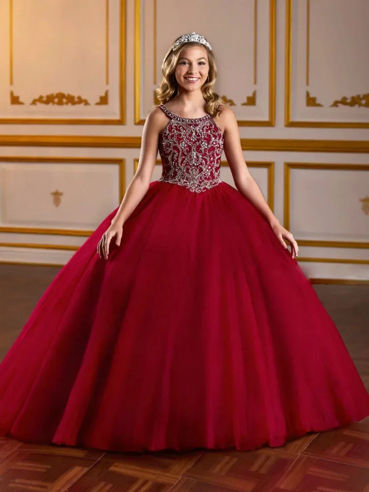 Prom Birthday Party Banquet Princess Gowns Flower Girls Dresses Burgundy Tulle Jewel Flory Appliques Sleeveless For Wedding