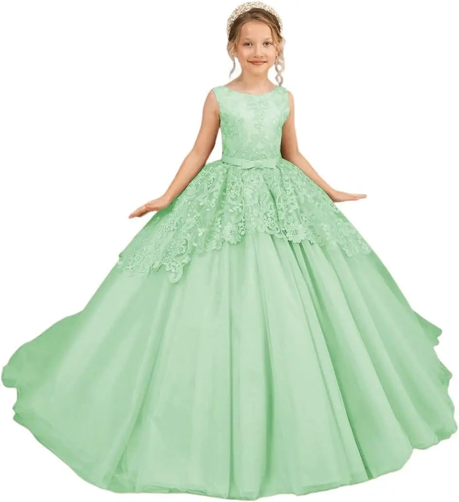 Tüll-Blumenmädchenkleid für Hochzeit, Spitzenapplikationen, bestickt, Prinzessin, Kinderfestzug, Geburtstagsparty, Festzugskleider für Mädchen 