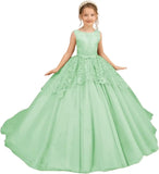 Tüll-Blumenmädchenkleid für Hochzeit, Spitzenapplikationen, bestickt, Prinzessin, Kinderfestzug, Geburtstagsparty, Festzugskleider für Mädchen 