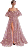 Sparkly Starry Tulle Prom Dresses for Women Slit Long Puffy Sleeve Glitter Star Formal Evening Party Gown Junior Bridesmaid Gown