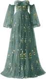 Puffy Sleeve Flower Embroidery Tulle Prom Dresses for Women Long A Line Fairy Maxi Formal Evening Party Gown Bridesmaid Dresses