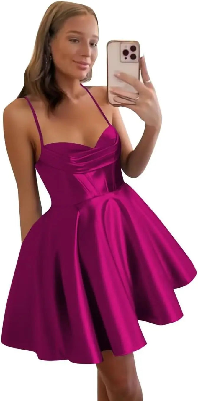 Spaghetti Straps Satin Homecoming Dresses for Women Short Halter Formal Prom Dresses with Pockets Graduation Mini Dress